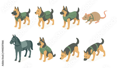 Military animals icons set – dogs, horse, rat, vests, gear, german shepherds, uniforms