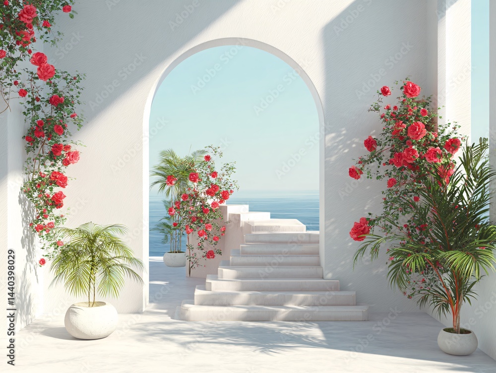 Fototapeta premium Serene Architectural Vista: A sun-drenched architectural scene, featuring an arched doorway framing a clear seascape, adorned with flourishing roses and lush greenery.