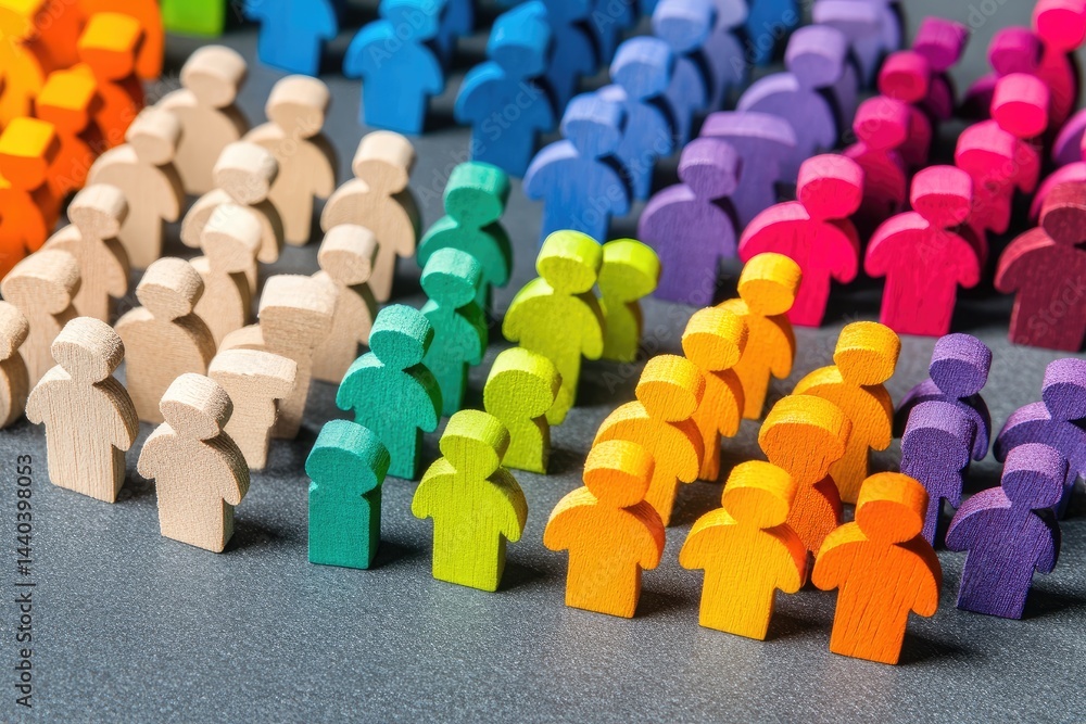 Fototapeta premium Colorful wooden figures arranged in a gradient, representing diversity and inclusion