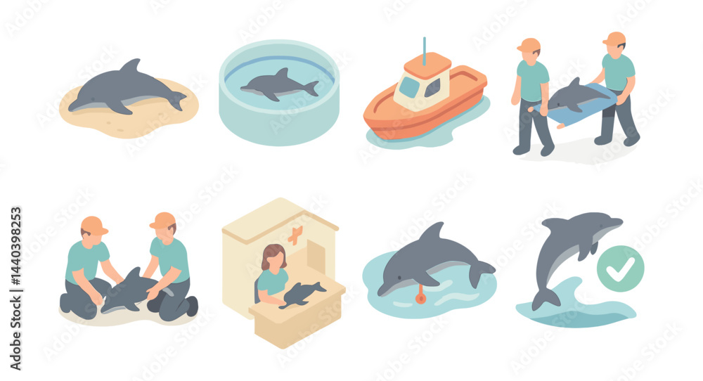 Dolphin conservation icons set – rescue, caring, habitat, release, protection, education Dolphin conservation icons set – rescue, caring, habitat, release, protection, education