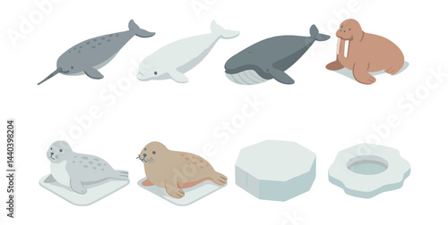 Arctic marine mammals icons set – narwhal, beluga, whale, walrus, seal, ice floe