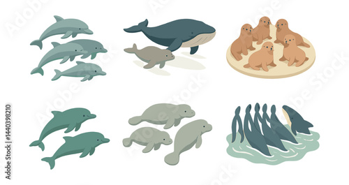 Marine animal family icons set – dolphins, whales, seals, penguins, manatees