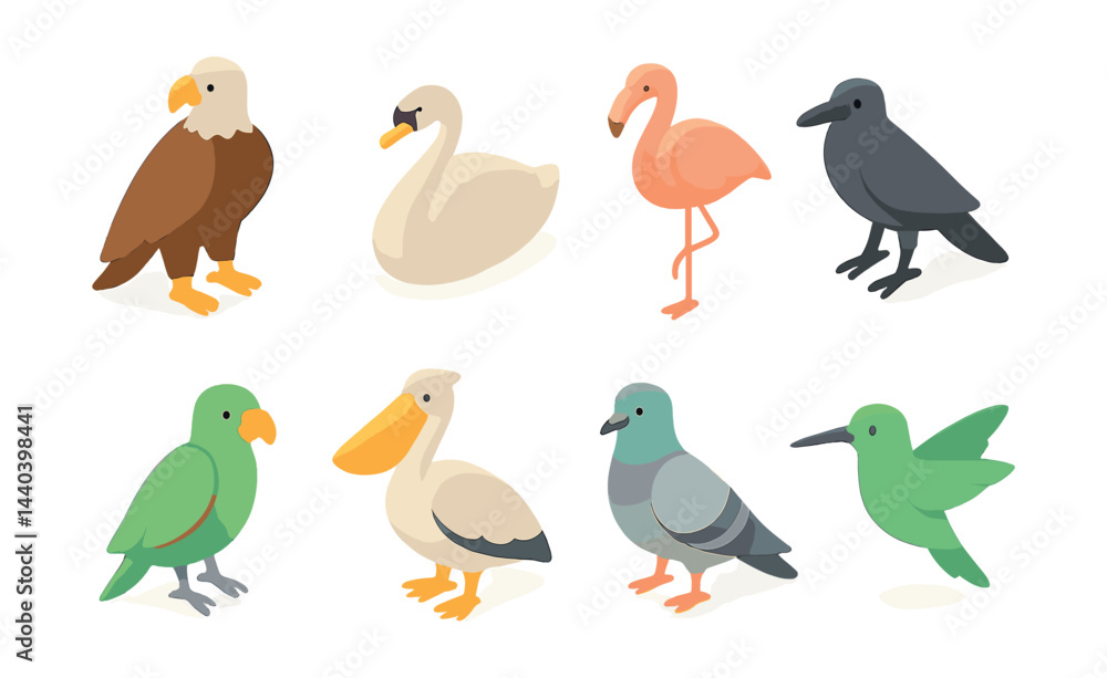 Fototapeta premium Bird icons set – eagle, swan, flamingo, crow, parrot, pelican, pigeon, hummingbird
