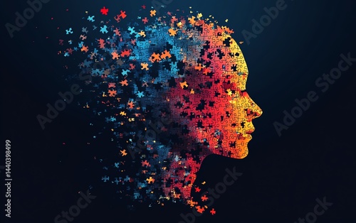 Abstract profile of a person made of colorful puzzle pieces.