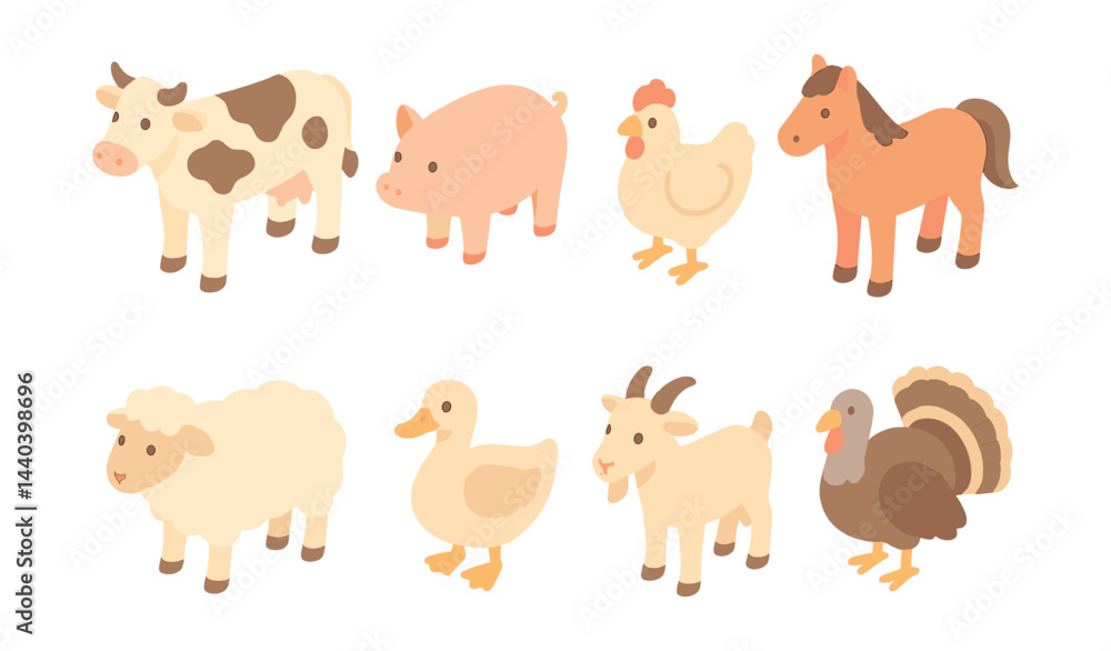 Obraz premium Farm animals icons set – cow, pig, chicken, horse, sheep, duck, goat, turkey