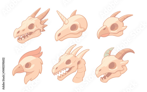 Fantasy creature skulls icons set – dragon, unicorn, griffin, wyvern, hydra, chimera