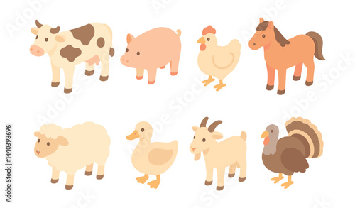 Farm animals icons set – cow, pig, chicken, horse, sheep, duck, goat, turkey