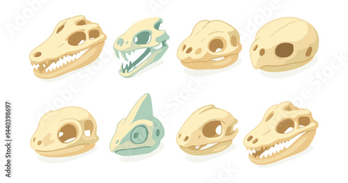 Dinosaur skull icons set – t-rex, velociraptor, triceratops, fossil, paleontology