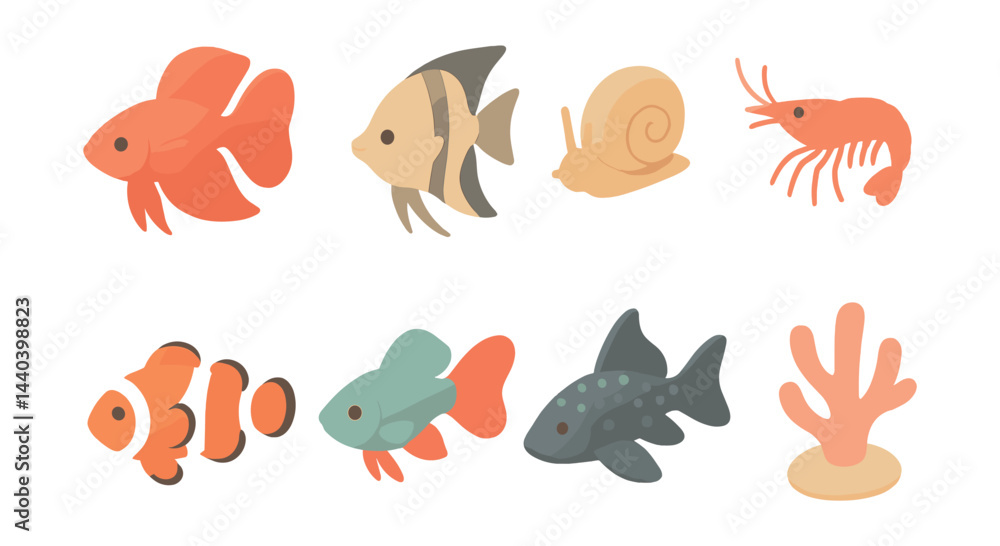 Aquatic life icons set – goldfish, angelfish, snail, shrimp, clownfish, coral Aquatic life icons set – goldfish, angelfish, snail, shrimp, clownfish, coral