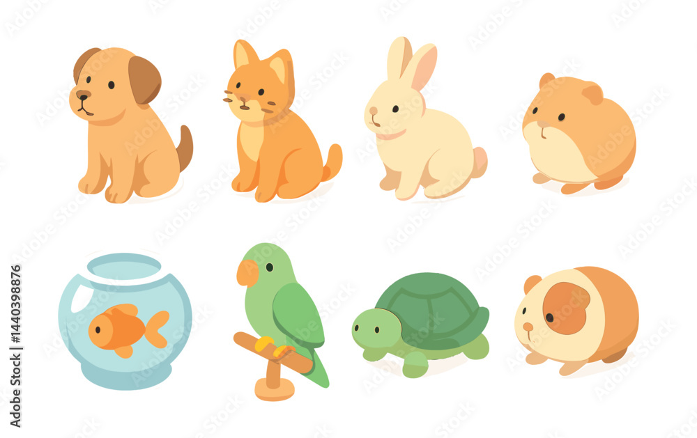 Fototapeta premium Cute pet icons set – dog, cat, rabbit, hamster, fish, parrot, turtle, guinea pig
