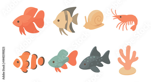 Aquatic life icons set – goldfish, angelfish, snail, shrimp, clownfish, coral