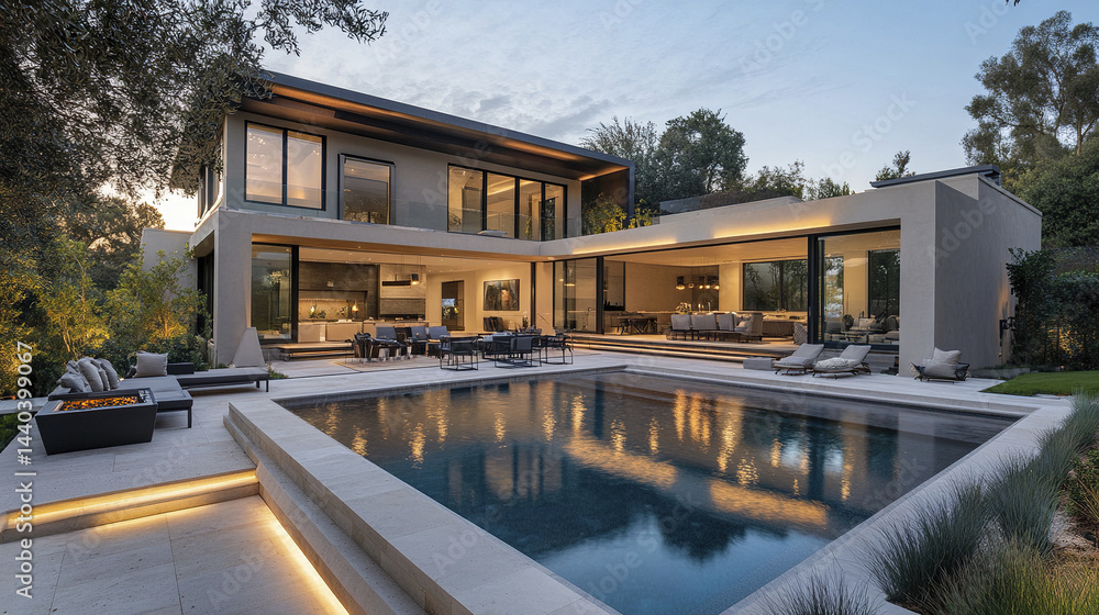 Fototapeta premium Luxurious contemporary estate with glowing pool and elegant outdoor seating area