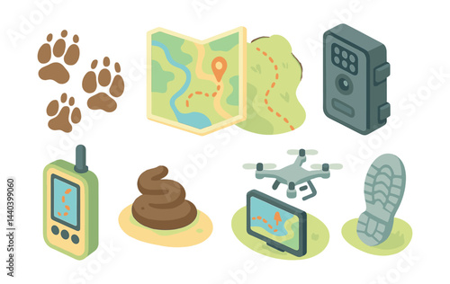 Outdoor adventure icons set – map, footprint, gps, drone, compass, safe, tracks