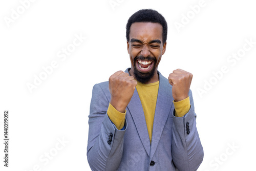 Euphoric businessman clenching fists, expressing excitement and joy over achievement with transparent background