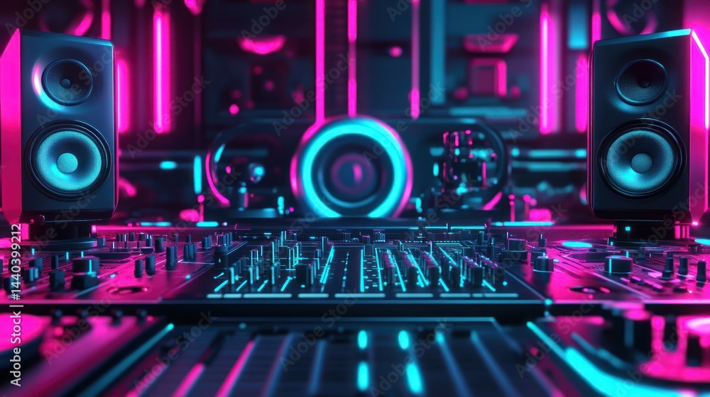 Fototapeta premium Colorful DJ Setup with Speakers and Neon Lights