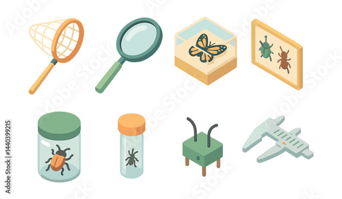 Entomology icons set – net, magnifier, butterfly, insects, jar, caliper