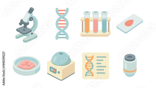 Laboratory science equipment icons set – microscope, dna, test tubes, petri dish, centrifuge