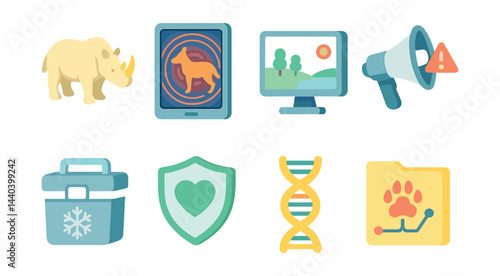 Diverse icon set – rhino, tablet, landscape, megaphone, icebox, shield, dna, pet folder