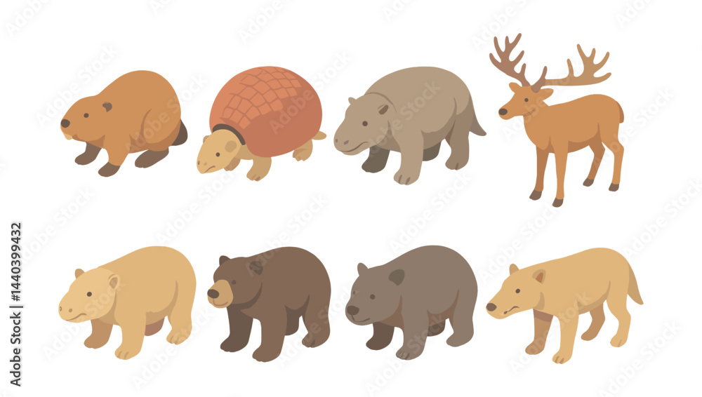 Fototapeta premium Woodland and forest animals icons set – beaver, armadillo, moose, bear, capybara