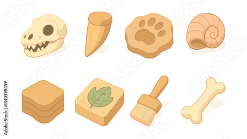 Fossil and archeology icons set – skull, tooth, paw, shell, leaf, brush, bone