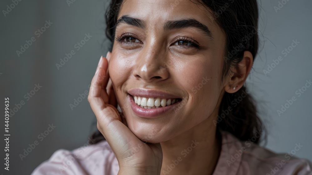 Woman smiling with hand on face looking away Woman smiling with hand on face looking away