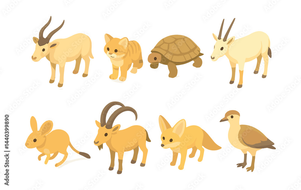 Desert animal icons set – antelope, fennec, tortoise, jerboa, oryx, ibex, sand cat, bird Desert animal icons set – antelope, fennec, tortoise, jerboa, oryx, ibex, sand cat, bird