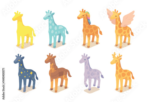 Whimsical giraffe icons set – colorful, fantasy, magical, unique, playful, cartoon, digital, animal
