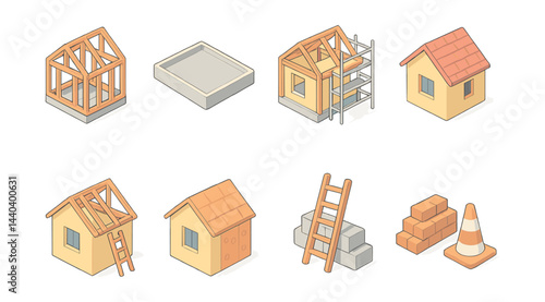 Construction process icons set – frame, foundation, scaffold, roof, ladder, bricks, cone