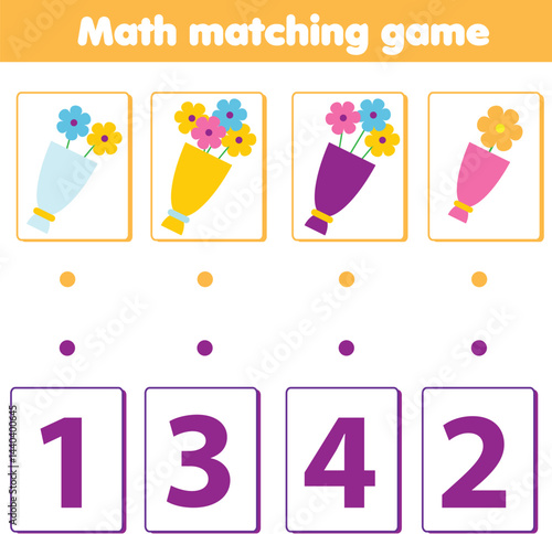 Mathematics educational game for children. Match objects with numbers. Counting game for pre school age kids and toddlers