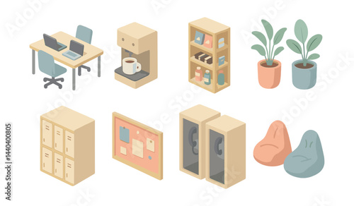 Office essentials icons set – desk, coffee machine, plants, shelf, locker, board, phone booth, bean bags