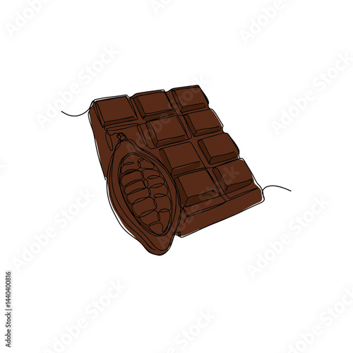 Chocolate bar with cocoa pod illustration on white background  