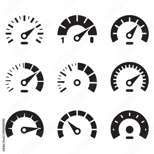 Solid Black Speedometer and Gauge Silhouettes Set – Bold Vector Meter Icons on White Background

