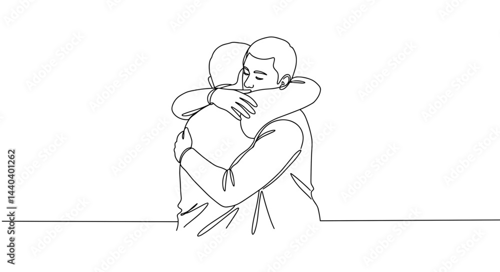 Two people embracing tightly in a minimalist line drawing Two people embracing tightly in a minimalist line drawing