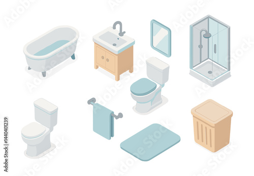 Bathroom essentials icons set – bathtub, sink, toilet, shower, mirror, towel rack, laundry basket