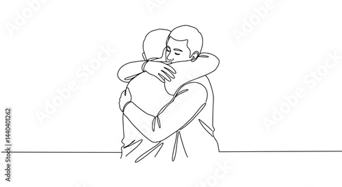 Two people embracing tightly in a minimalist line drawing  