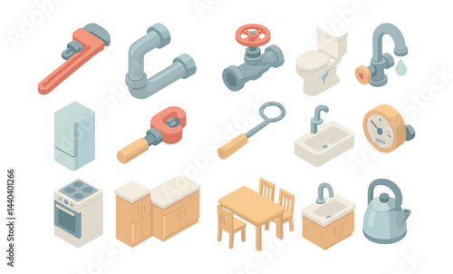 Home repair and plumbing icons set – wrench, pipe, valve, toilet, faucet, sink, kitchen, stove, fridge