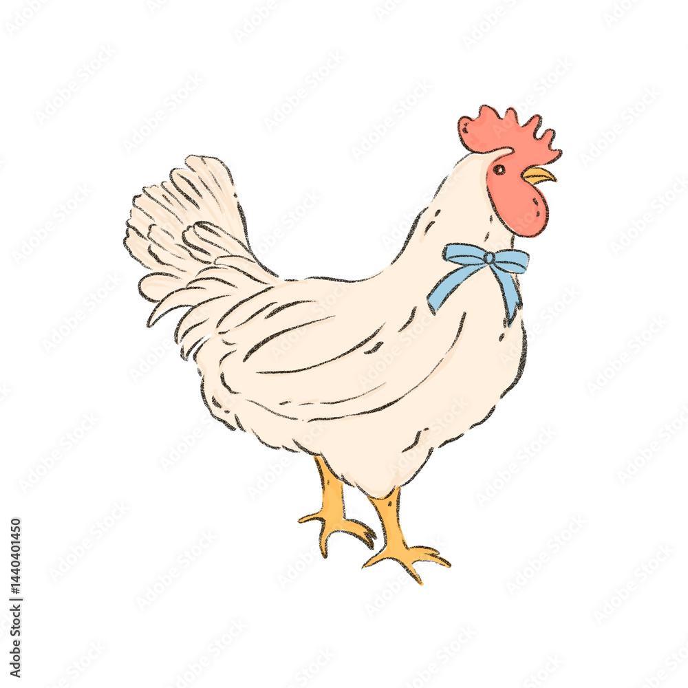 Pencil colored hen chicken with bow isolated on white background. Hand drawn farm chick bird animal illustration Pencil colored hen chicken with bow isolated on white background. Hand drawn farm chick bird animal illustration