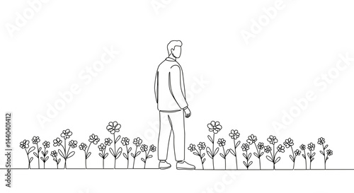 Man walking among flowers in a minimalistic illustration  