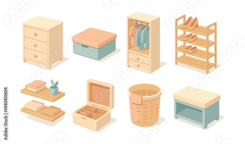 Home organization icons set – wardrobe, storage box, drawer, shoe rack, laundry basket