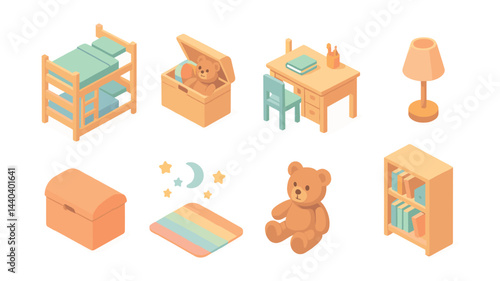 Children's room icons set – bunk bed, toy box, desk, chair, lamp, bookshelf, rug, teddy bear