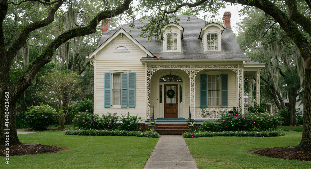 Obraz premium Charming Southern Home Nestled Under Lush Green Canopy Oak Trees
