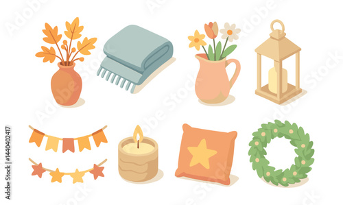 Cozy autumn decorations icons set – leaves, blanket, flowers, lantern, garland, candle, pillow, wreath