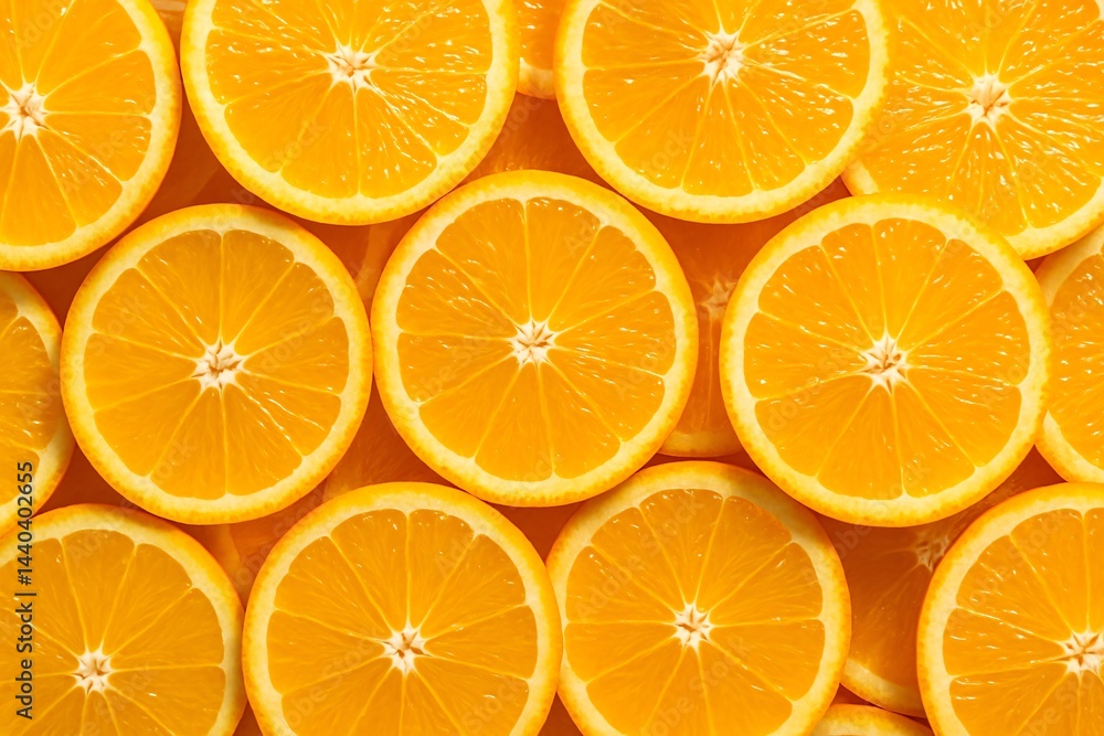 Fresh orange slices arranged in rows with vibrant color Fresh orange slices arranged in rows with vibrant color