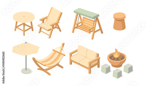 Outdoor furniture icons set – chair, table, hammock, swing, firepit