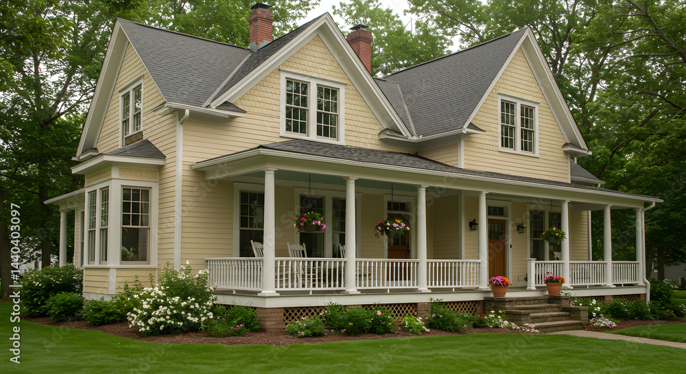 Fototapeta premium Charming Suburban Home With Covered Porch And Landscaped Yard
