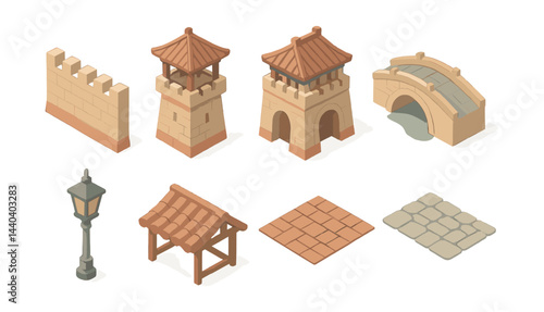 Ancient architecture icons set – wall, tower, bridge, lantern, roof, tiles, cobblestones