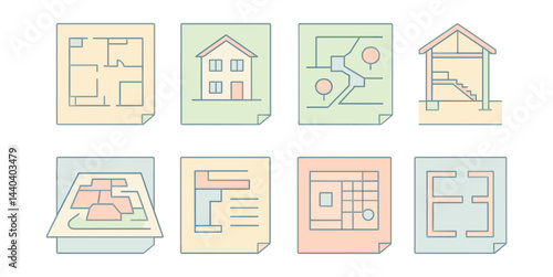 Architectural design icons set – floor plan, house, landscape, blueprint, sections, site map, facade