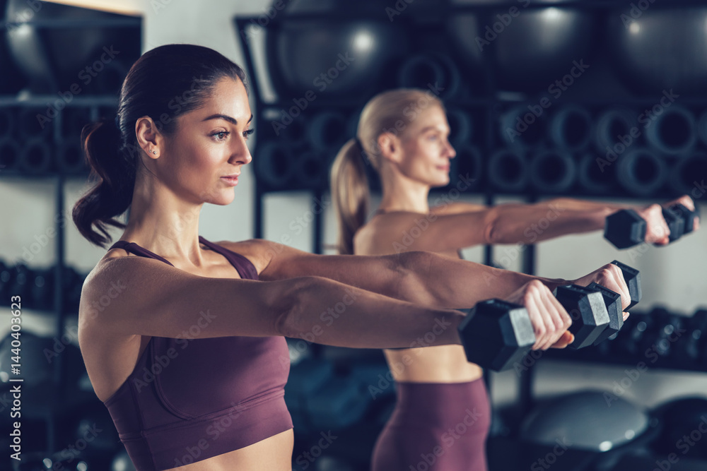 Fototapeta premium Two young caucasian women exercising with dumbbells and looking focused