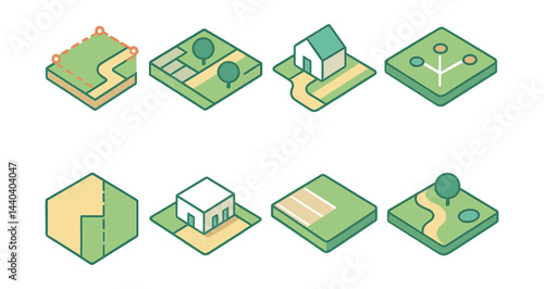 Urban planning icons set – map, land plot, house, park, landscaping, roadway, neighborhood