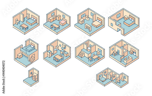 Isometric interior design icons set – bedroom, living room, kitchen, bathroom, stairs, sofa, dining